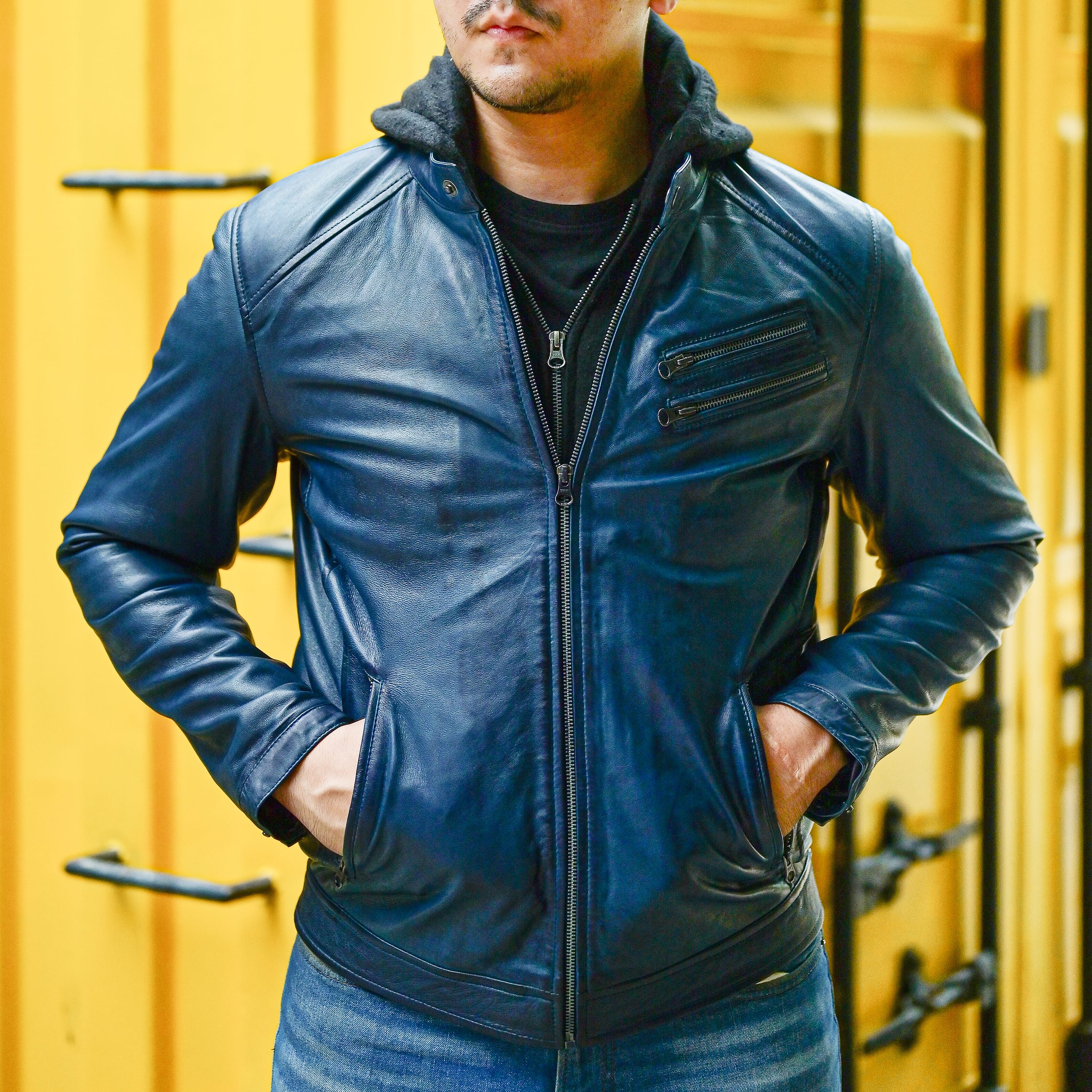Mens Blue Casual Hooded Vintage Leather Jacket with Removable Hood